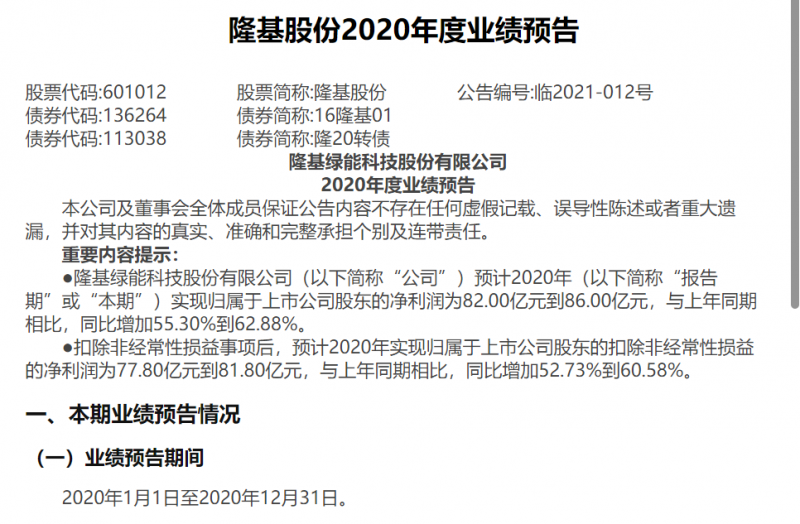 隆基股份：預計2020年度凈利潤為82-86億元,同比增加55.30%到62.88%